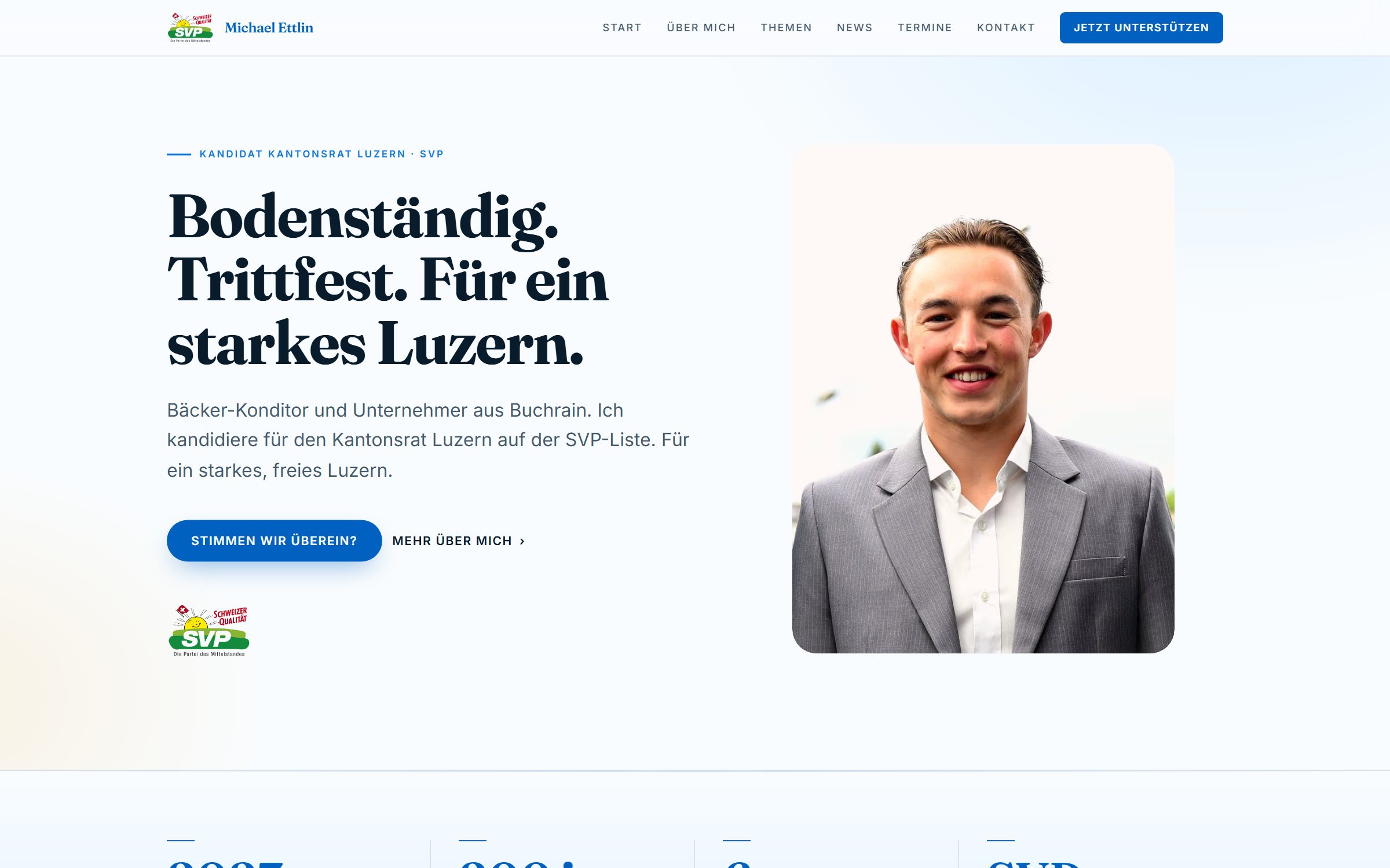 Michael Ettlin Startseite mit Portrait und Kampagnen-Claim