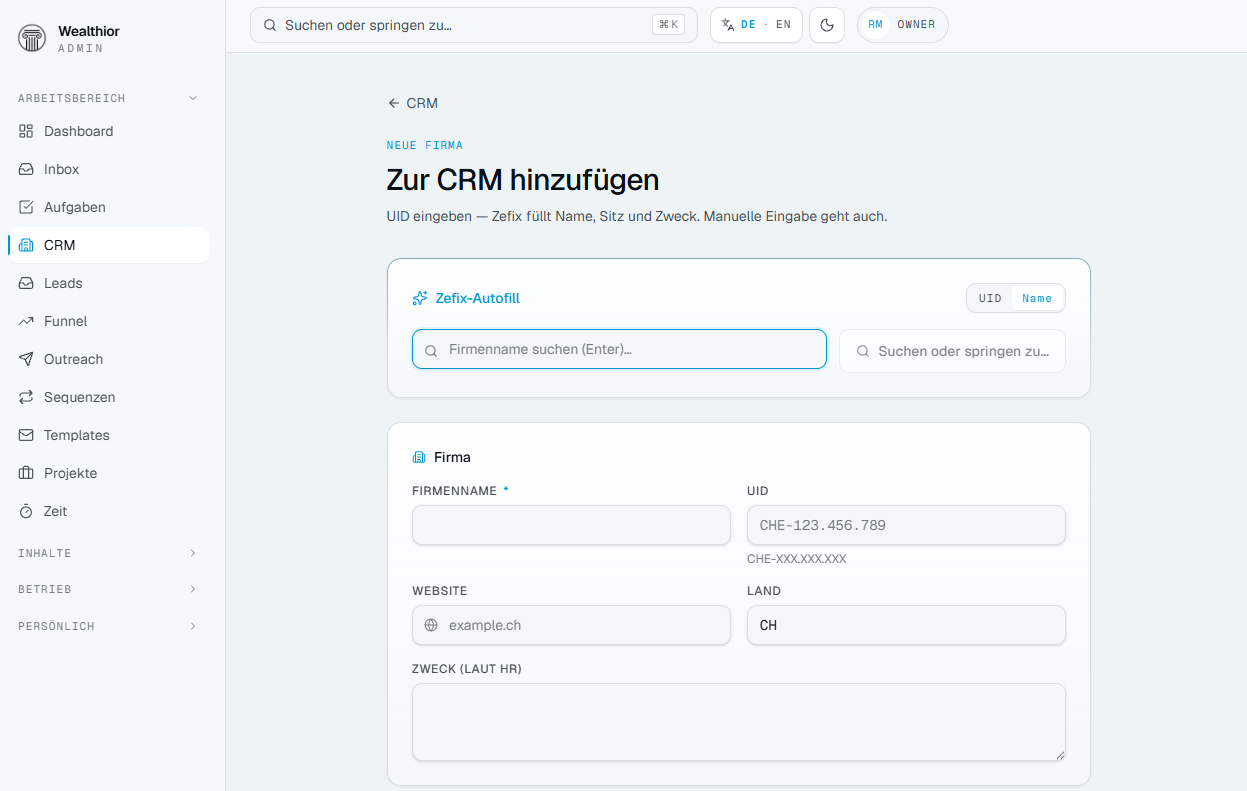 Wealthior Admin lead and CRM view